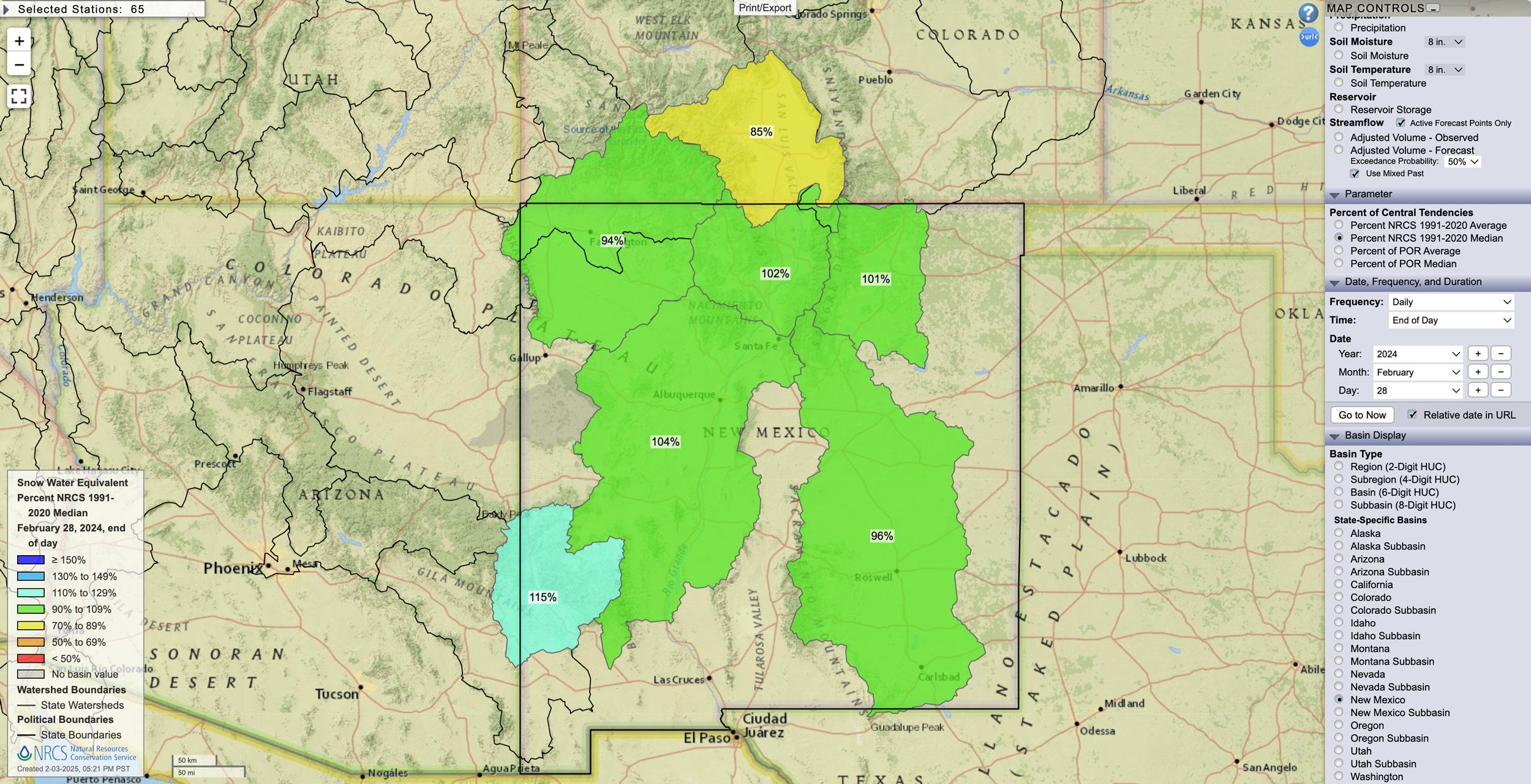 New Mexico February 28, 2024 snow water equivalent percent map