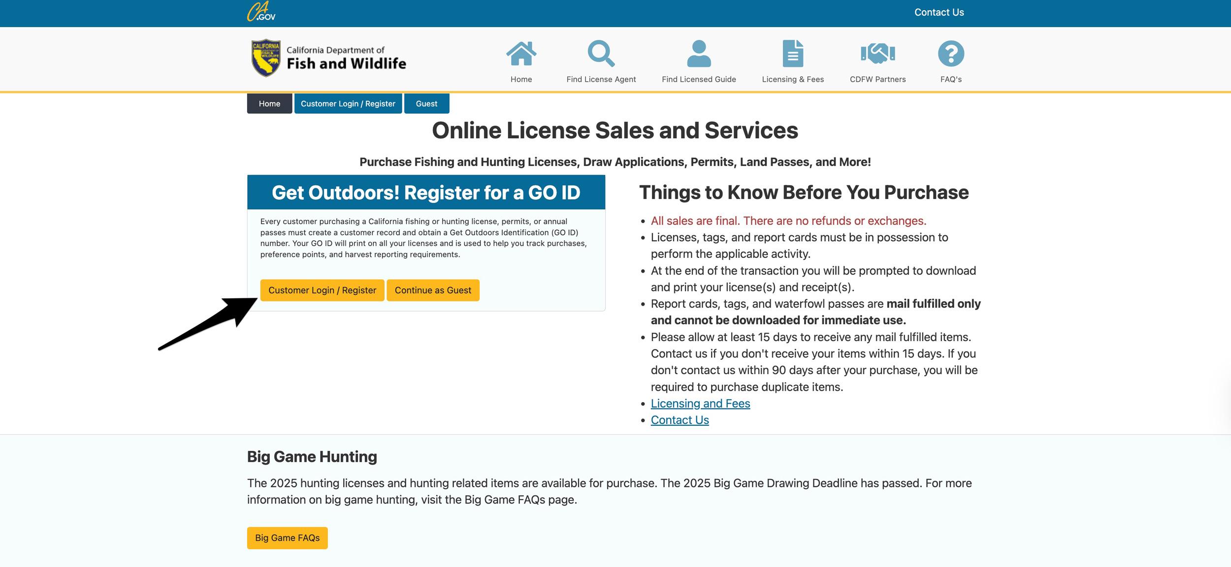 California Department of Fish and Wildlife license sales login page