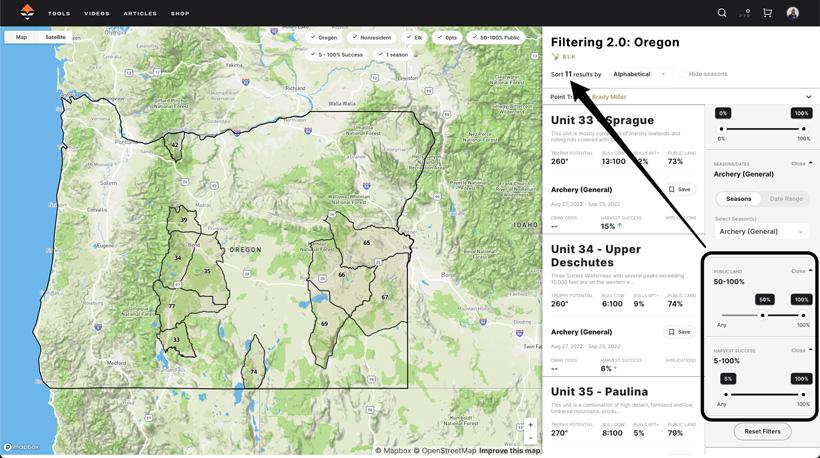 Filter out hunt units by public land and harvest success