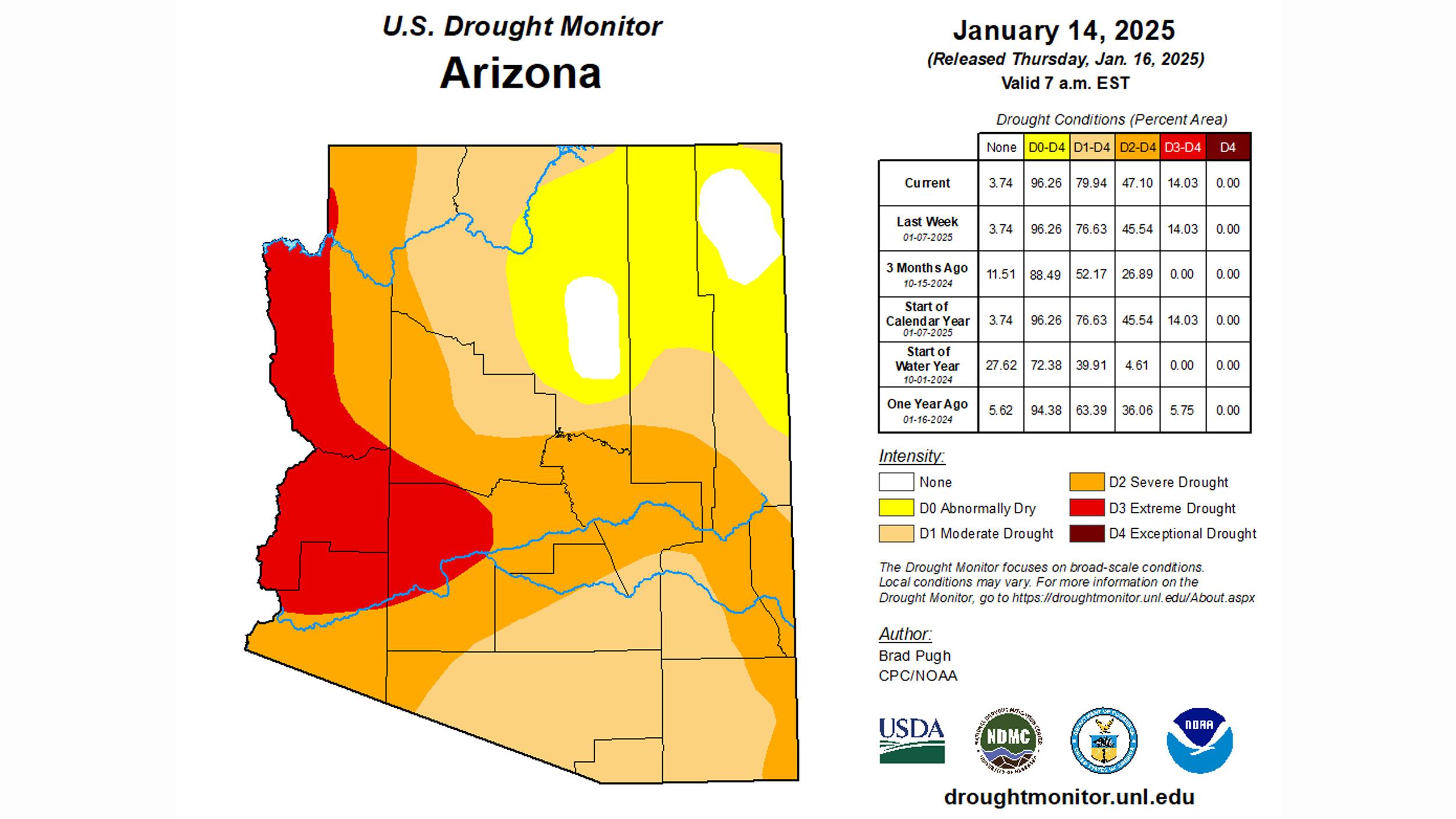January 2025 Arizona drought status heatmap
