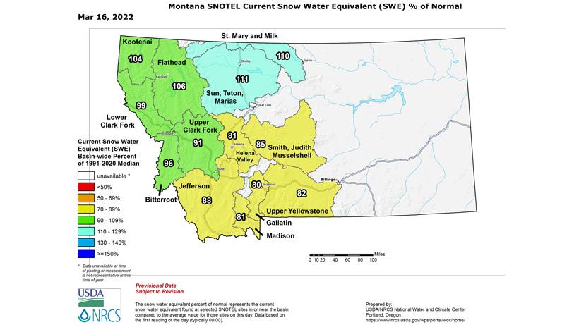 Montana snow water equivalent percent march 16 2022