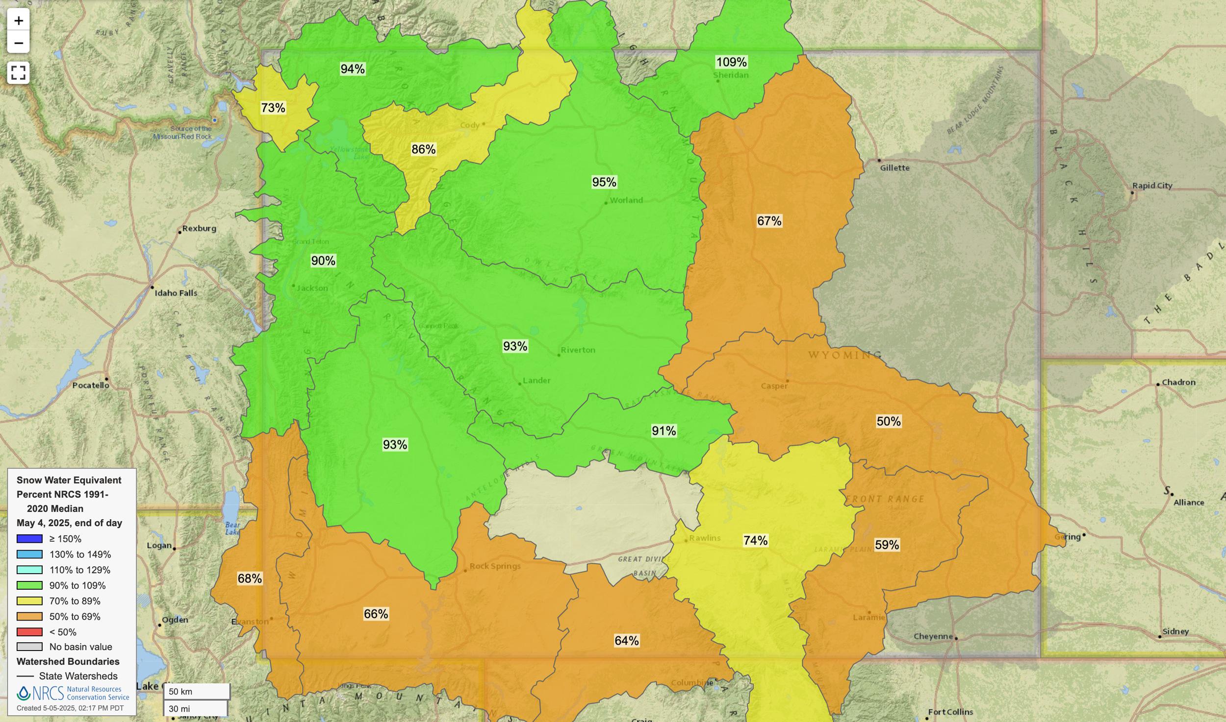 Wyoming early May 2025 snow water equivalent map