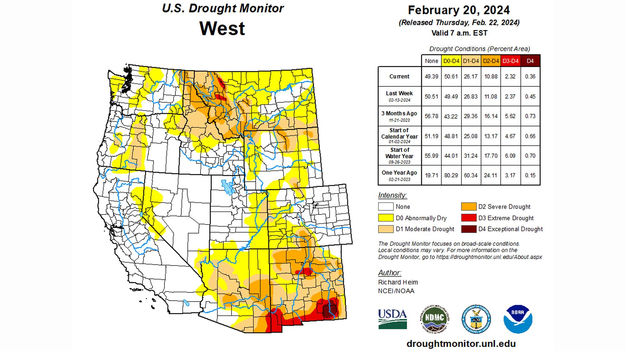 Western United States drought monitor status map February 20, 2024