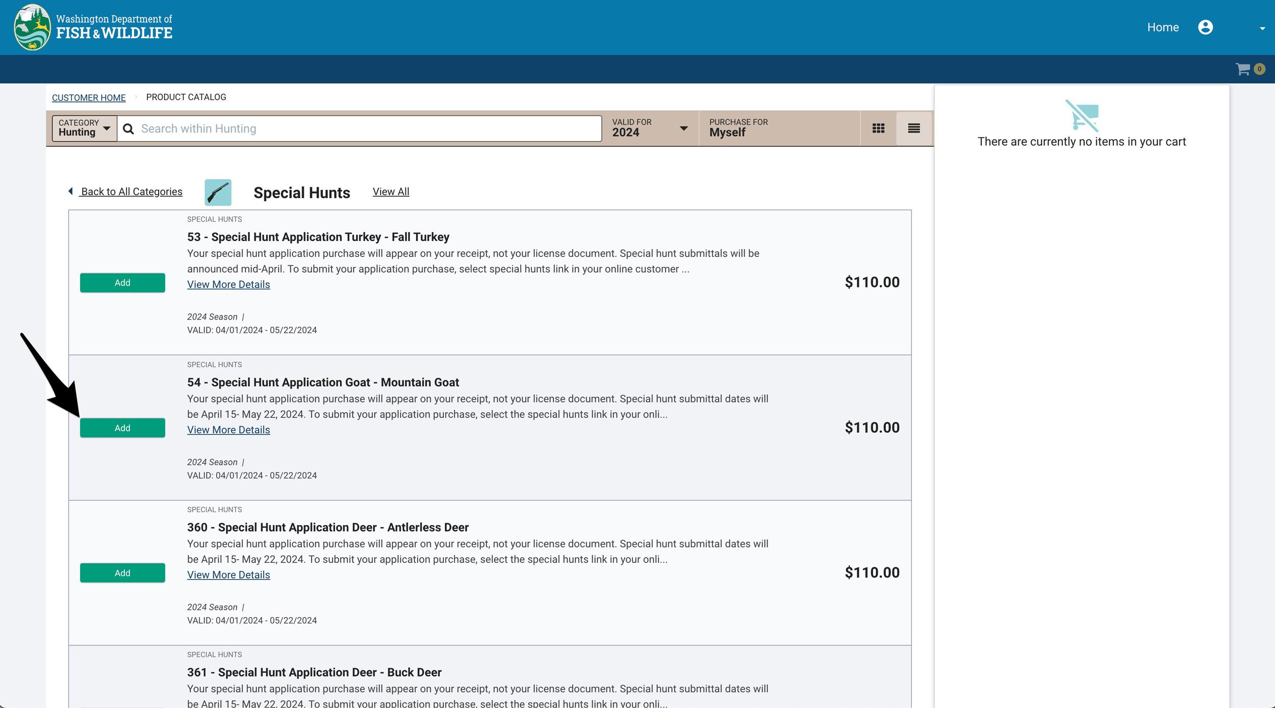 Adding Washington special hunt applications to your shopping cart