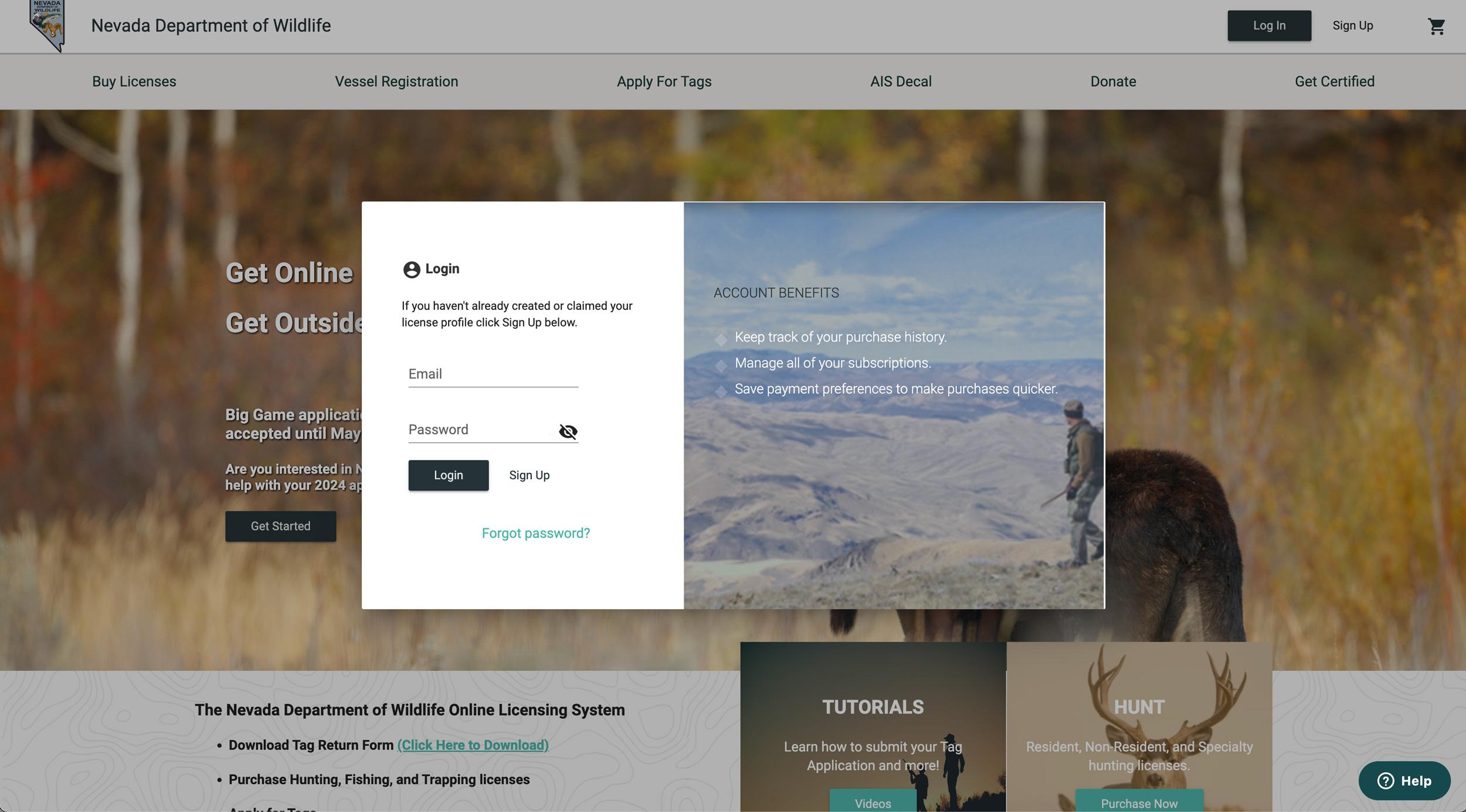 Nevada Department of Wildlife licensing account login