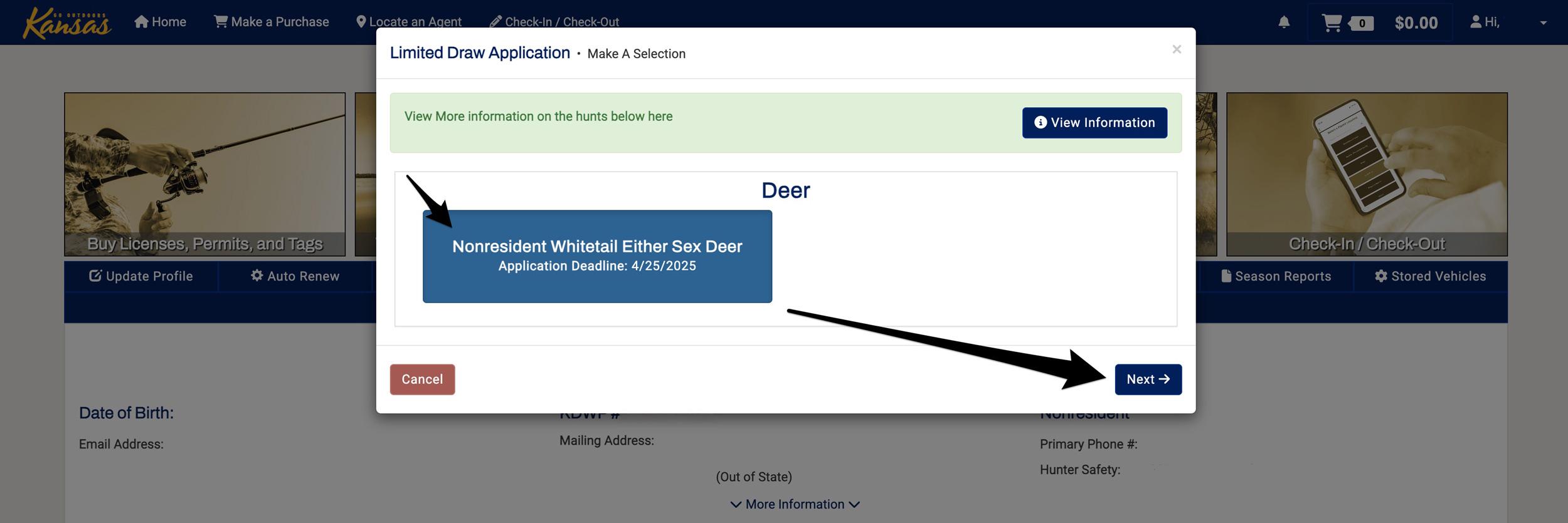 Selecting the limited draw application for whitetail deer