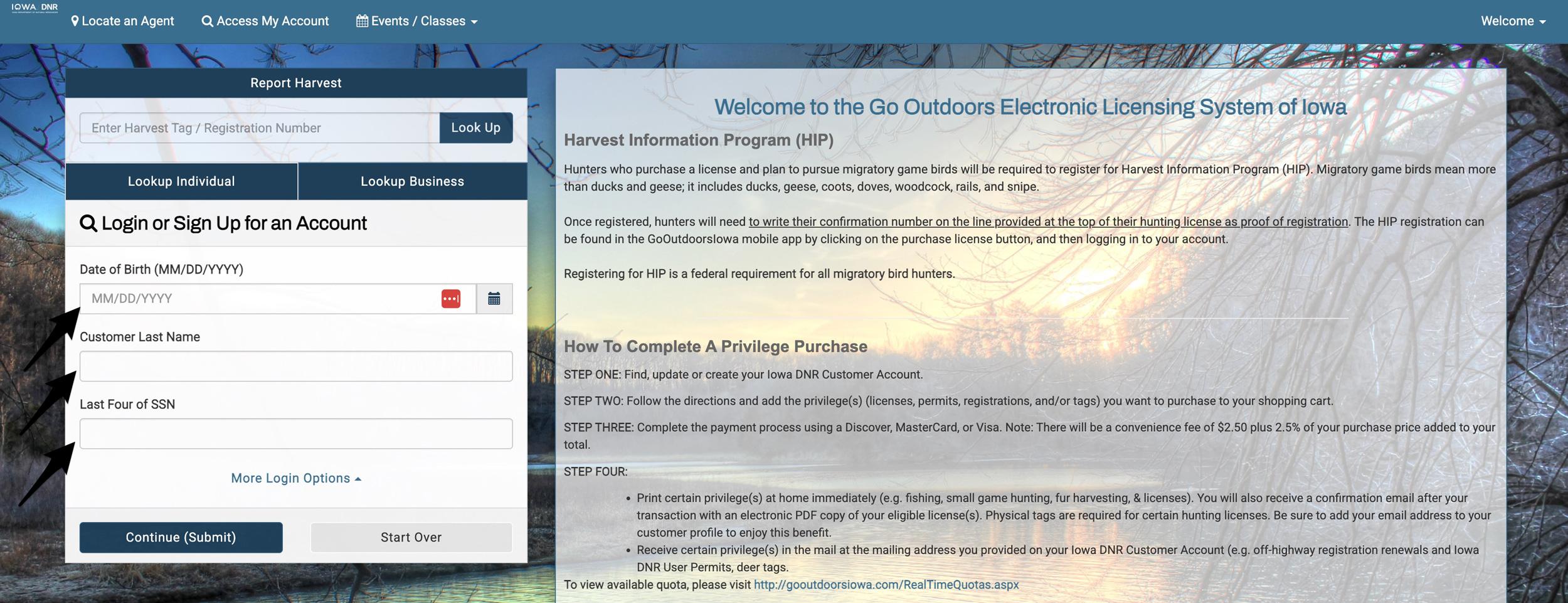 Entering Iowa login credentials to view hunting preference points