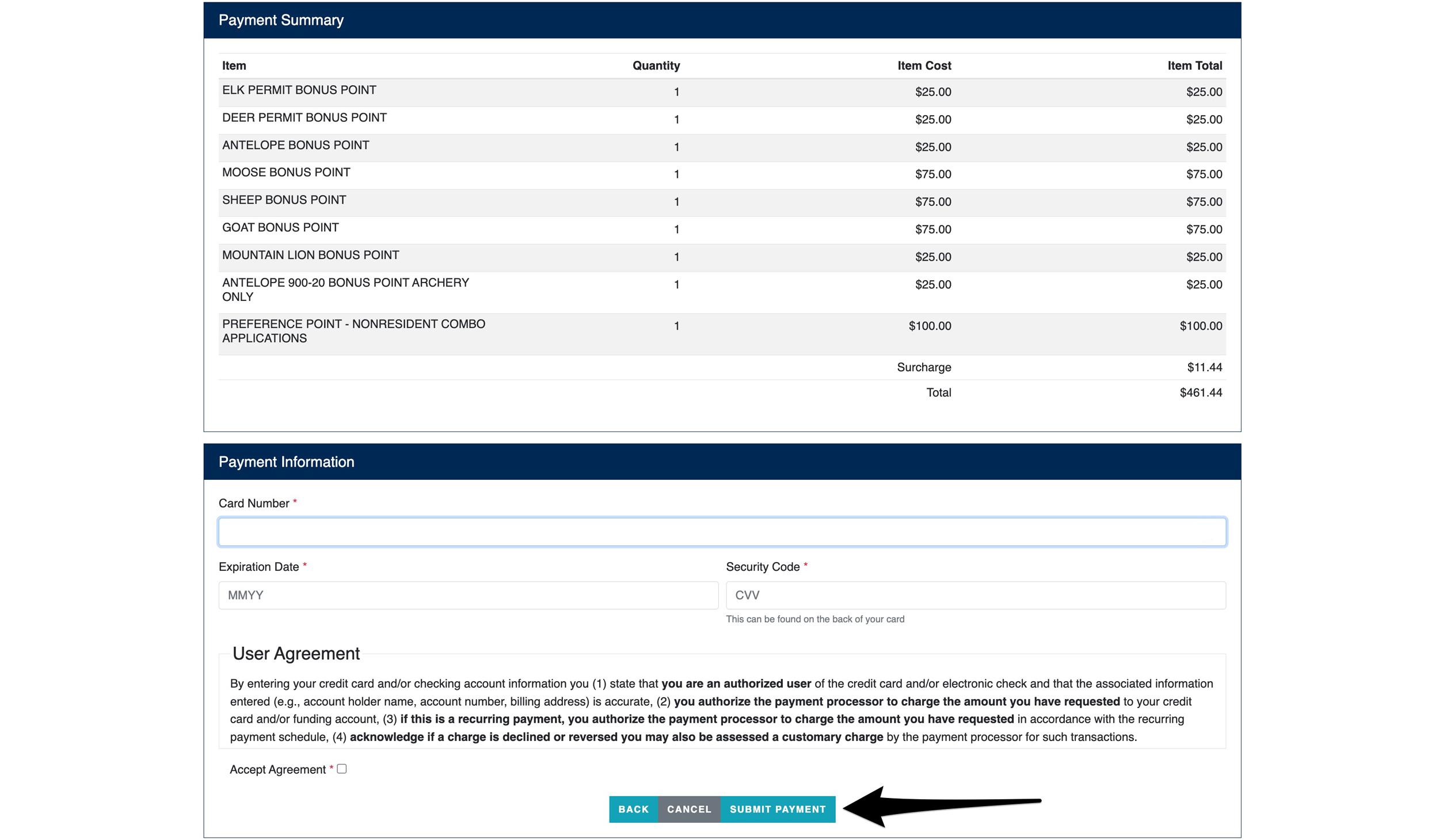 Entering payment information to purchase Montana bonus and preference points