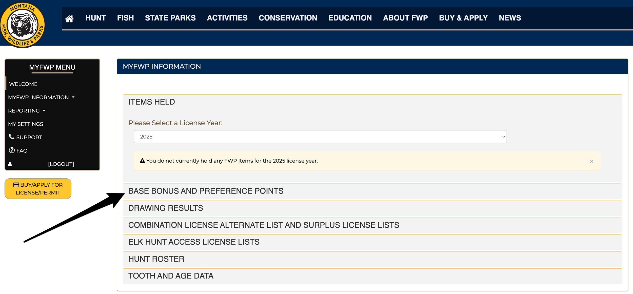 Montana bonus point and preference point tab on MyFWP account