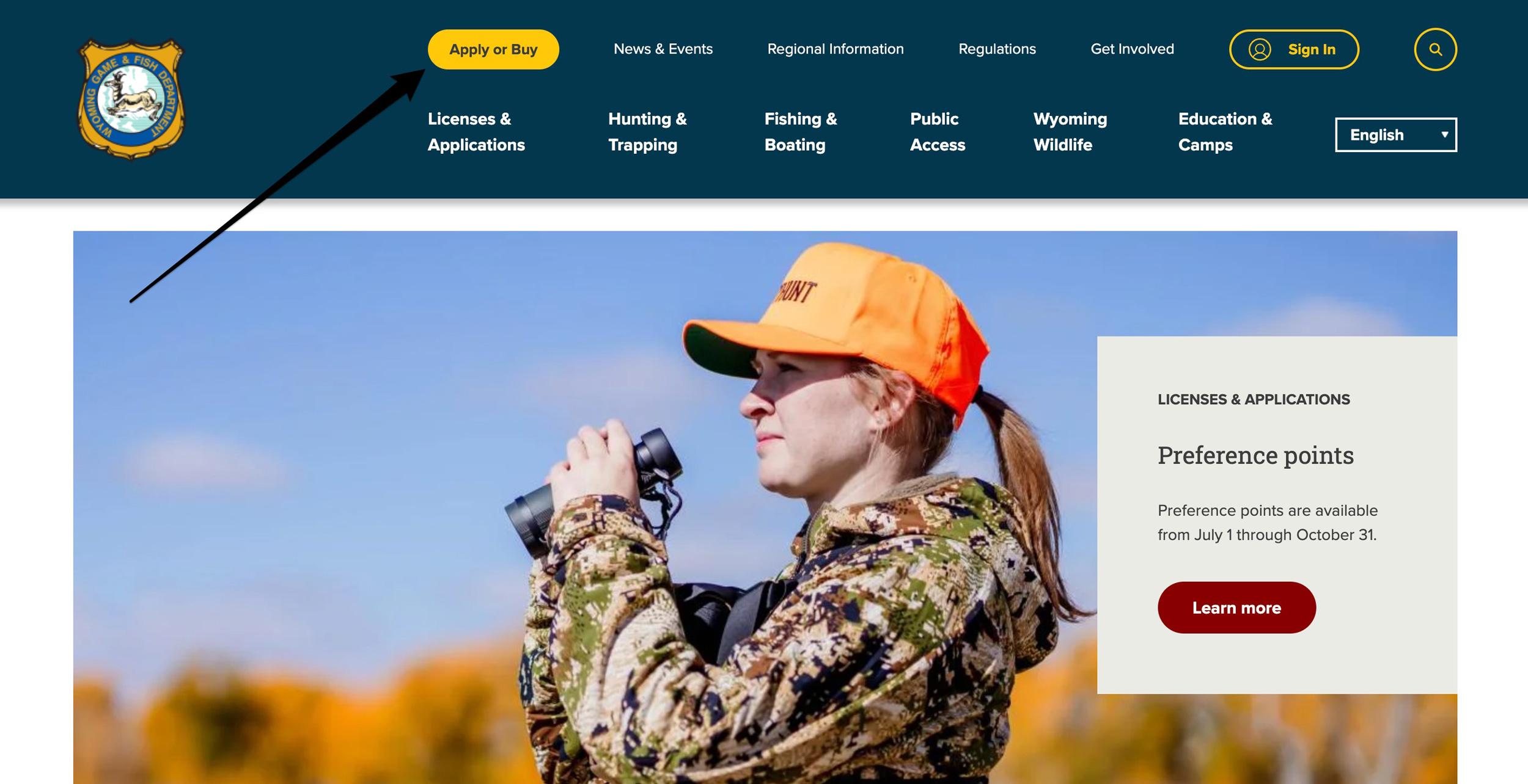 Wyoming Game and Fish Department homepage navigating to the apply or buy section to purchase preference points