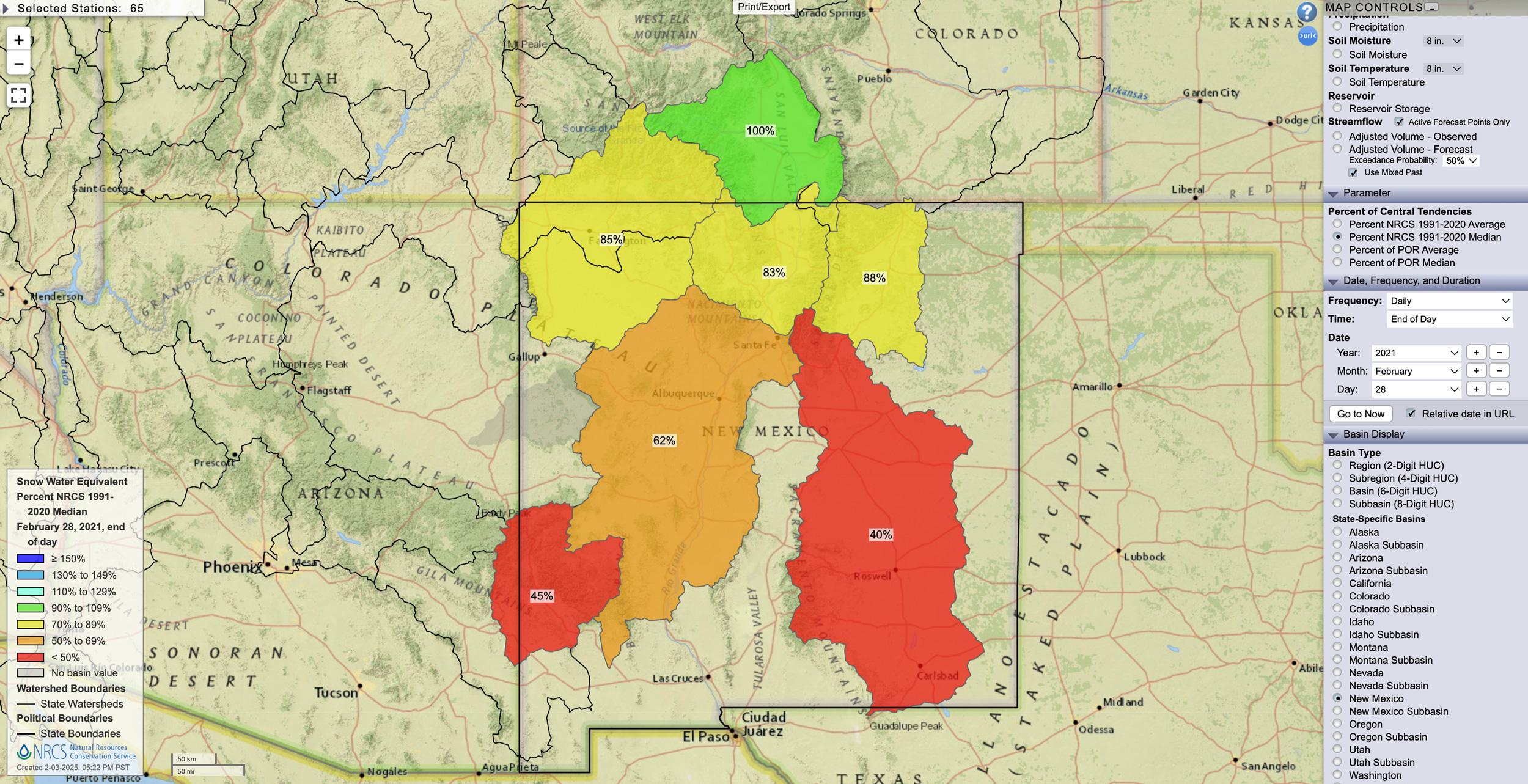 New Mexico February 28, 2021 snow water equivalent percent map