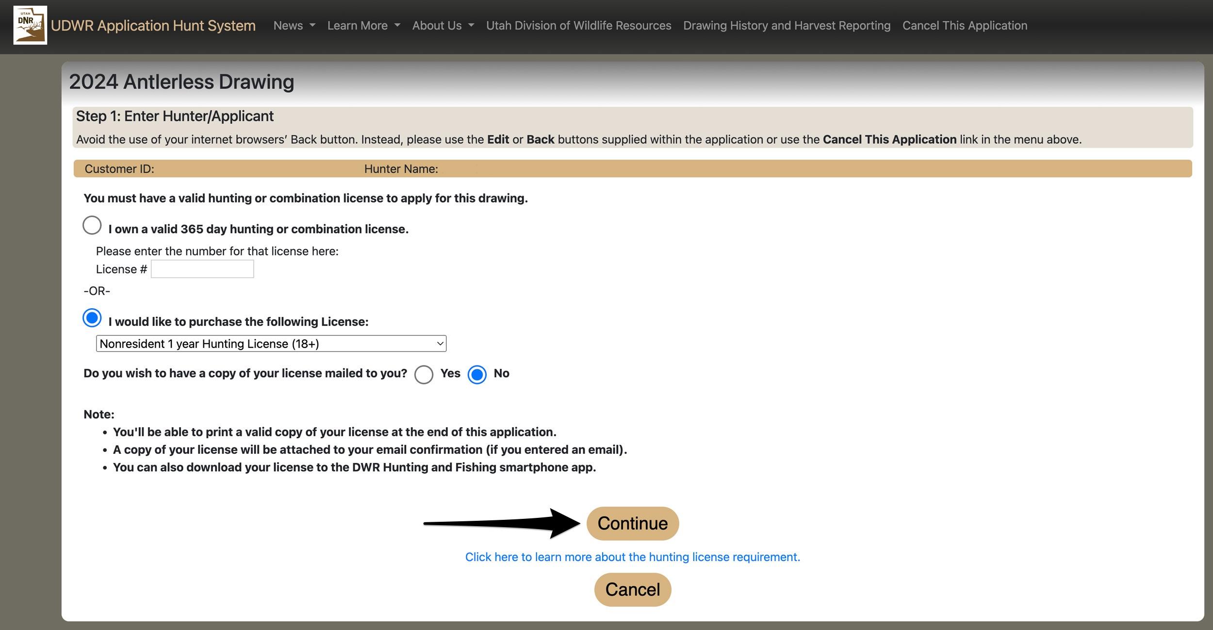 Adding Utah hunting license number or selecting to purchase hunting license