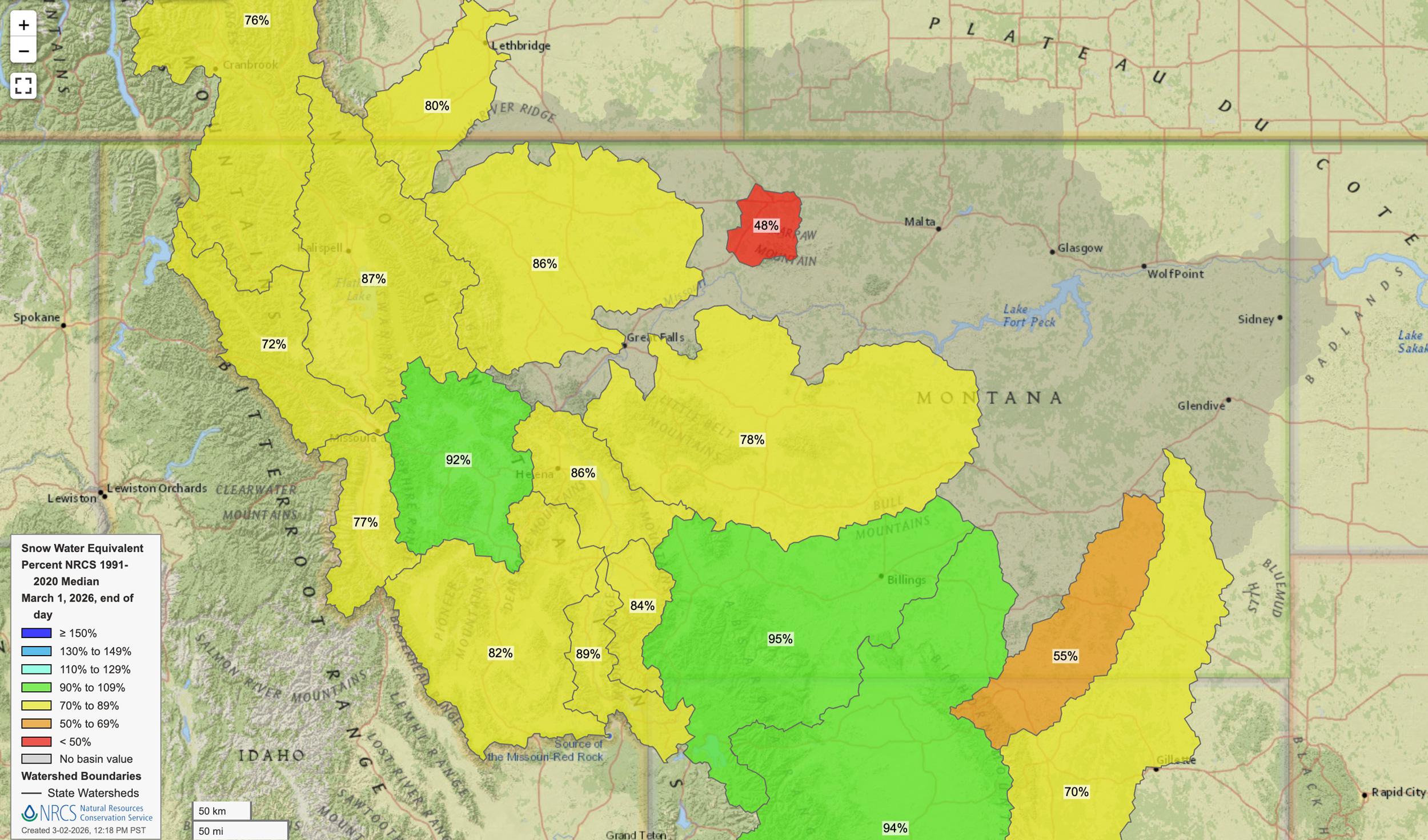 Montana early March 2026 snow water equivalent map