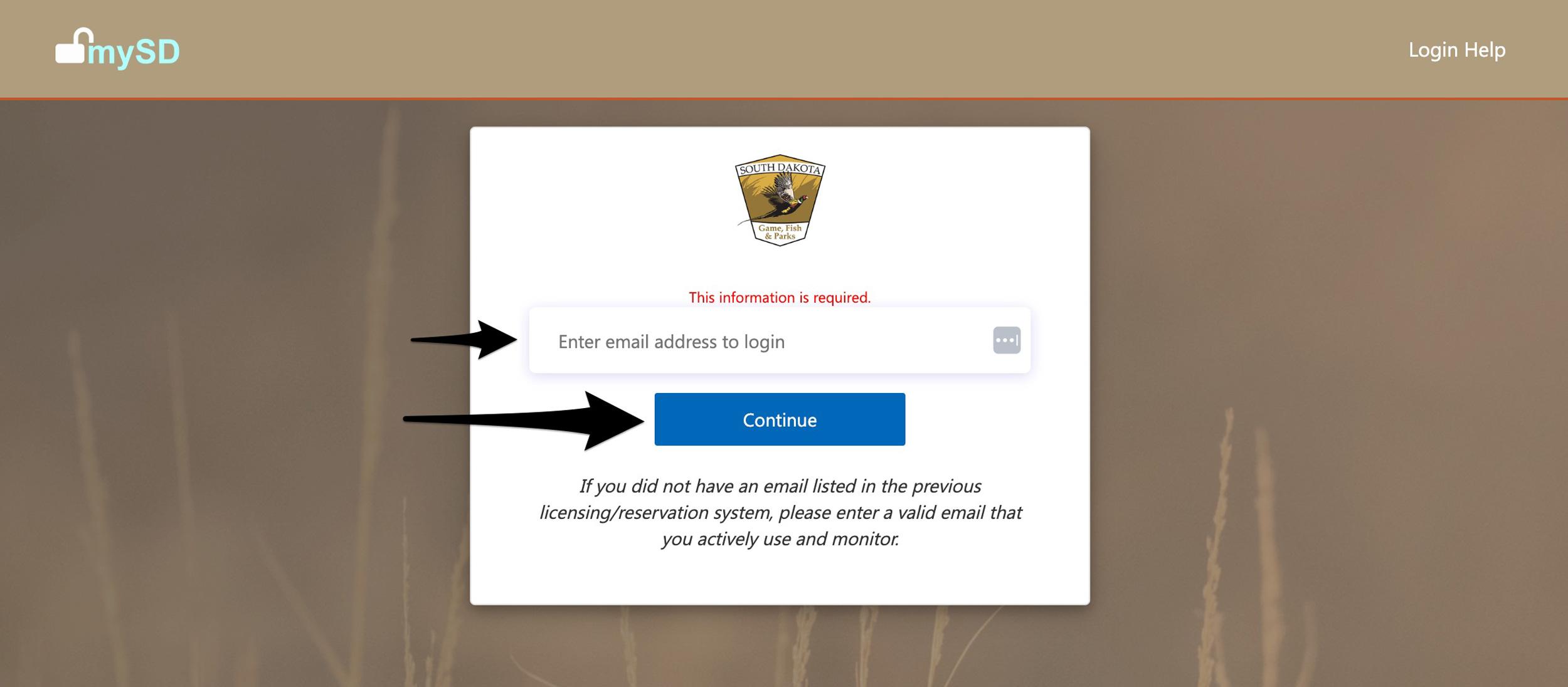 Email address to access or create account for South Dakota hunting licensing website