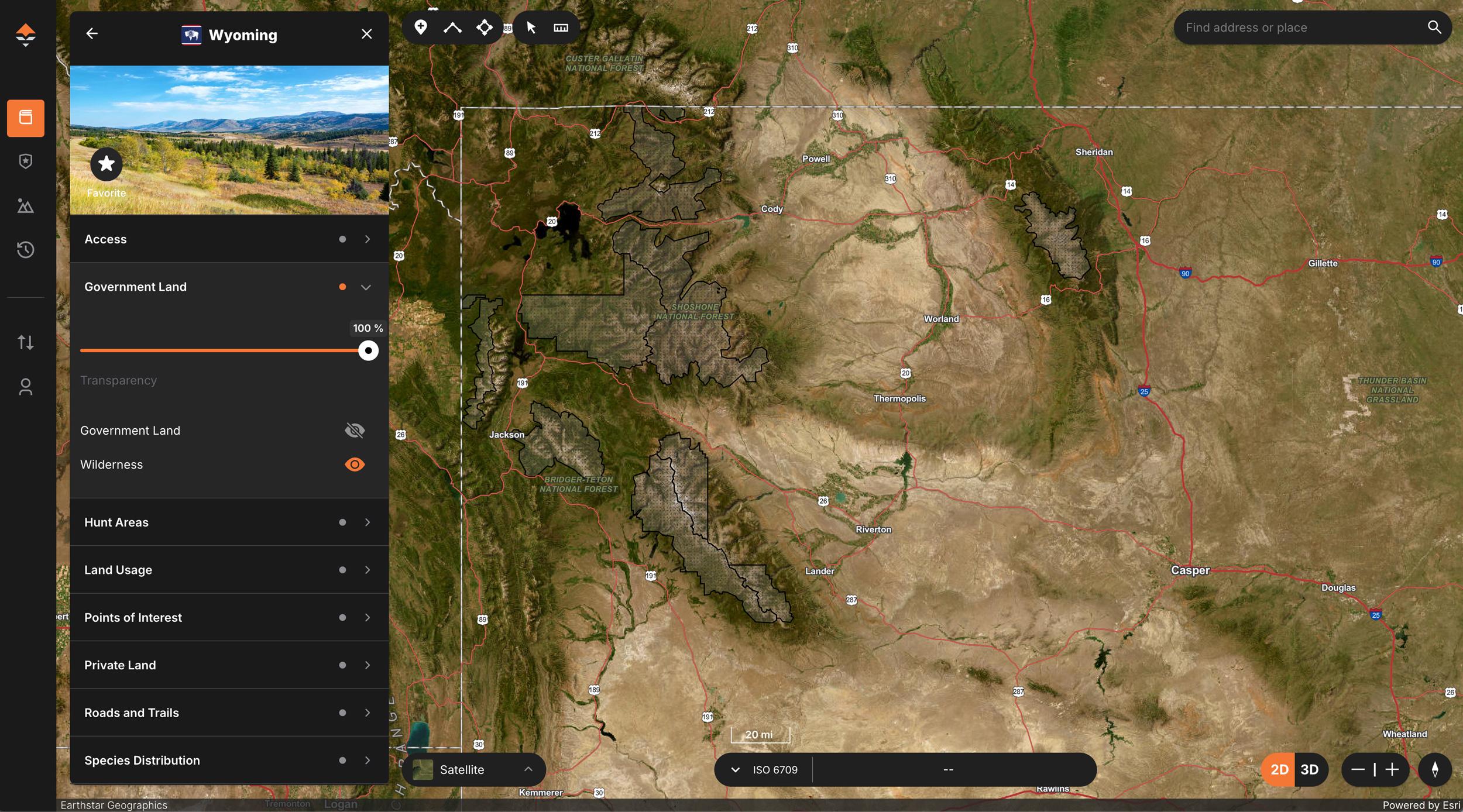 Viewing designated wilderness areas in Wyoming on GOHUNT Maps