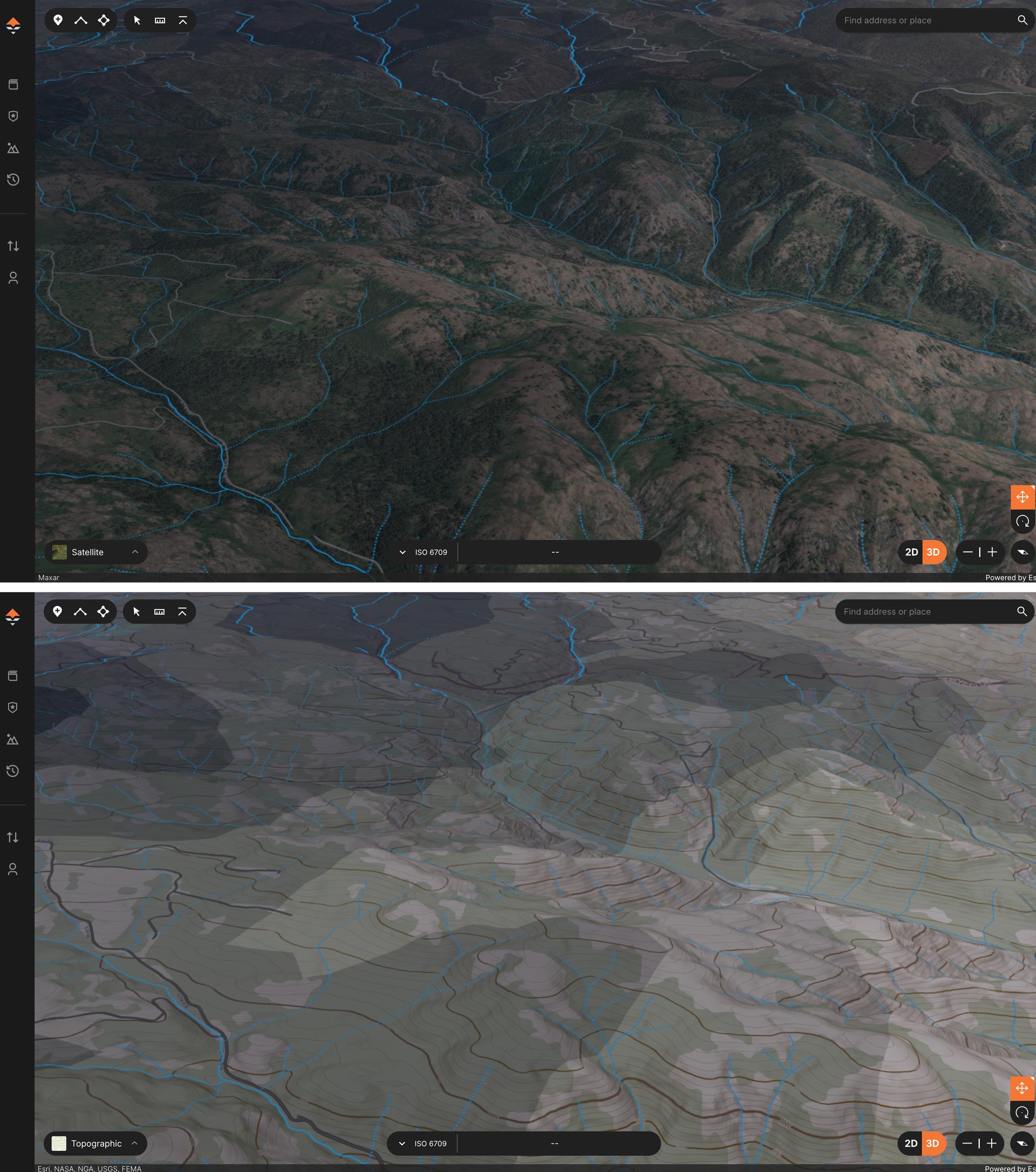 Road Density layer comparison in satellite and topographic map with public land