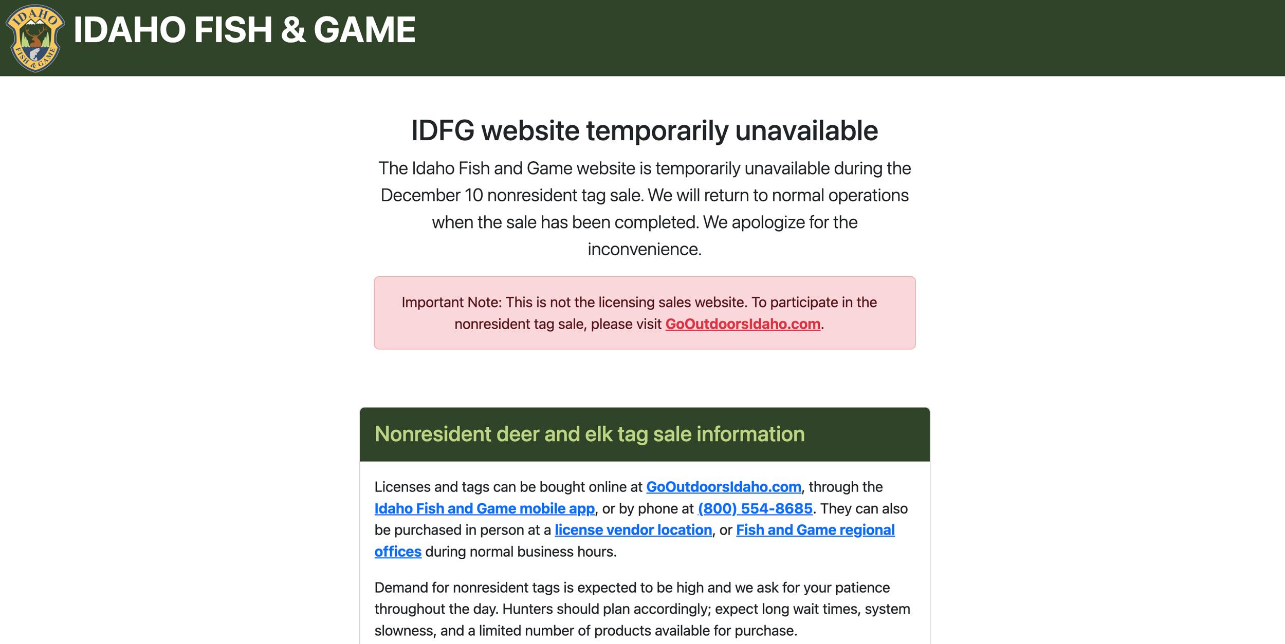 Idaho Fish and Game website temporarily unavailable during nonresident tag sale