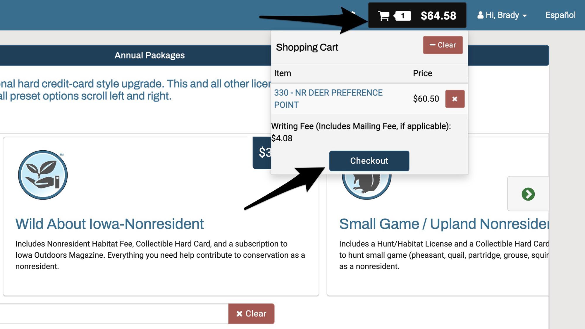 Clicking on shopping cart after adding nonresident Iowa deer preference point