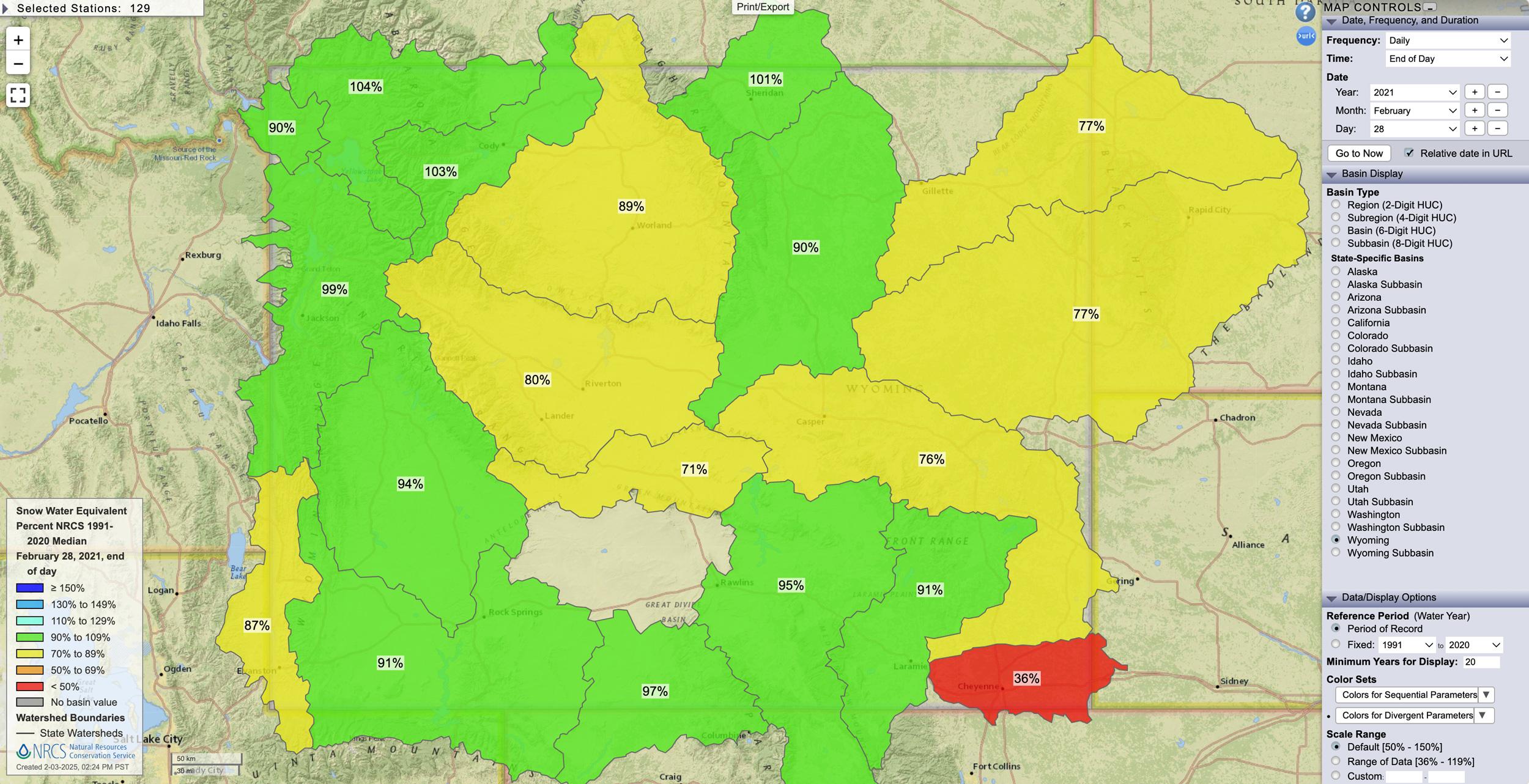 Wyoming February 28, 2021 snow water equivalent percent map