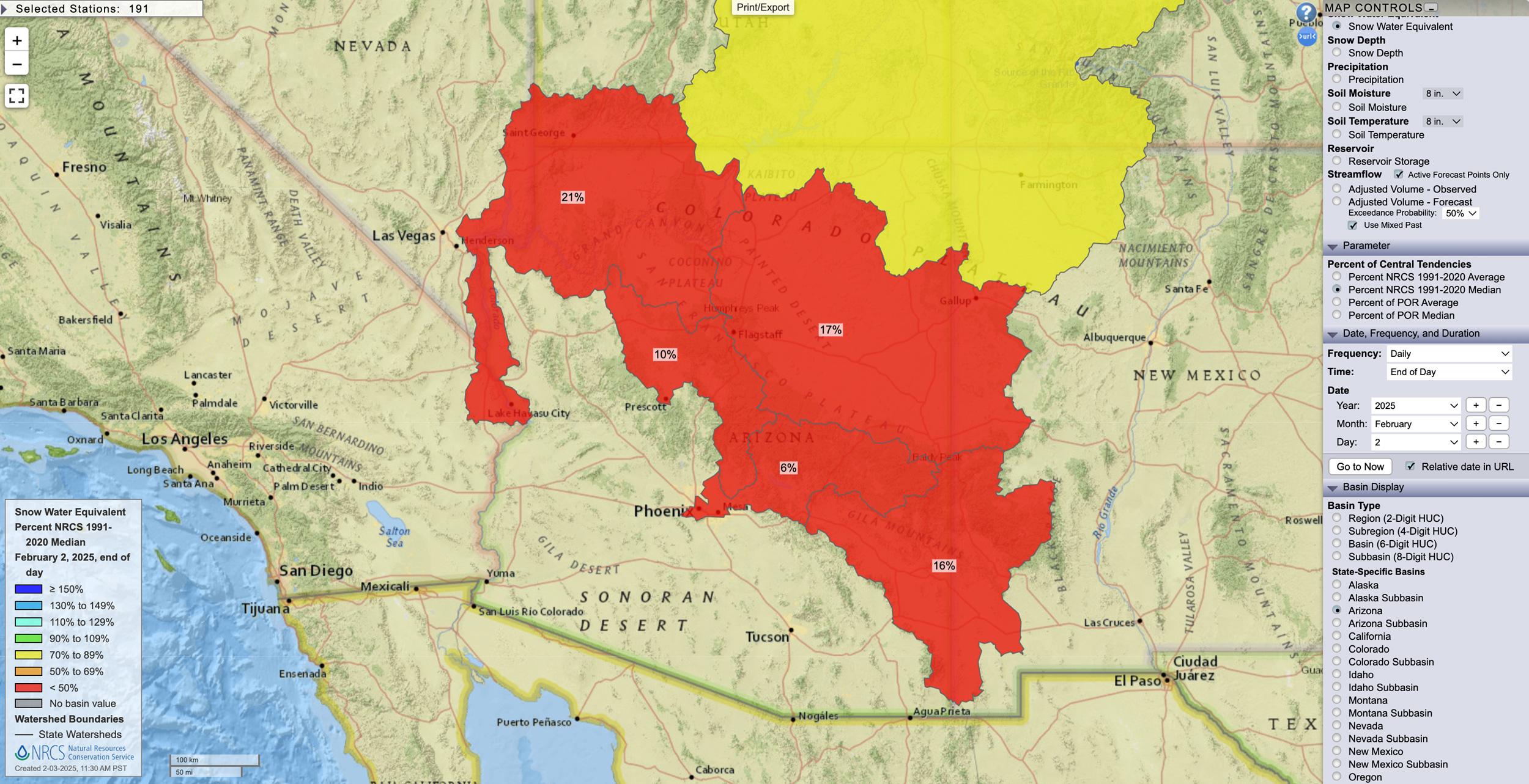 Arizona February 2, 2025 snow water equivalent percent map