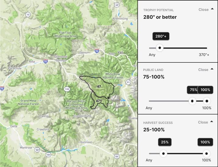 Filtering out hunting options by public land and harvest success