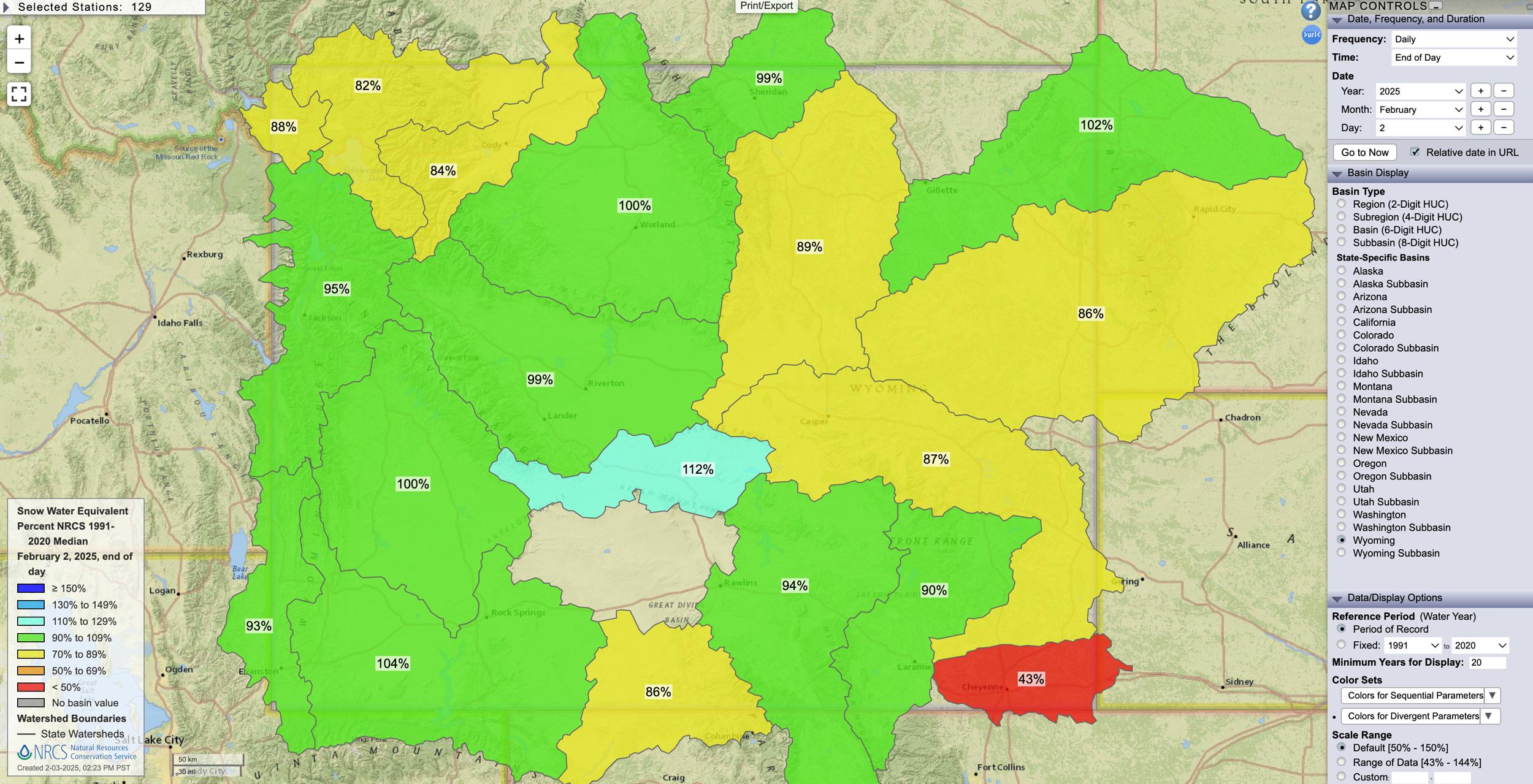 Wyoming February 2, 2025 snow water equivalent percent map