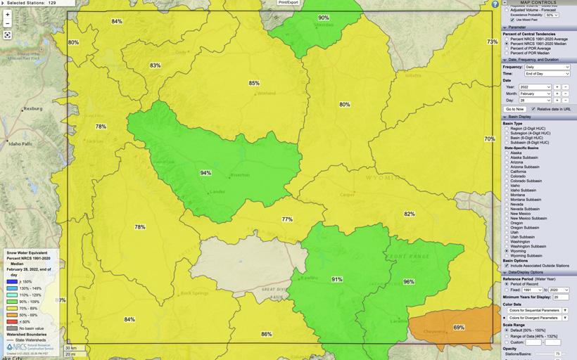 Wyoming February 28, 2022 snow water equivalent percent map